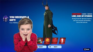 Gifting My 10 Year old Kid NEW Fortnite MARVEL Skins Unlocking LOKI Skin & SYLVIE Skin & FREE Reward