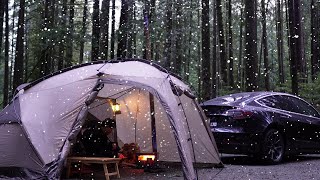 Tesla Car Camping Adventure: Hot Tent Setup & Handmade Gnocchi Dinner - ASMR