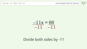 Solve 4x-5(3x+10)=16: Linear Equation Video Solution | Tiger Algebra