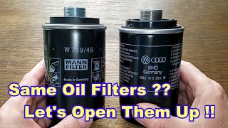 Mann W71945 Oil Filter Cut Open vs. Volkswagen 06J115403Q Oil Filter Cut Open Comparison