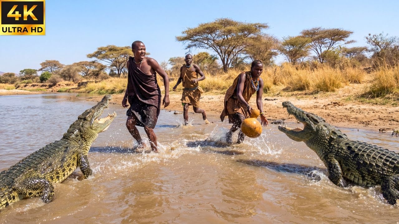 Племя хадзабе: Стратегии сбора воды в реках, населенных африканскими крокодилами