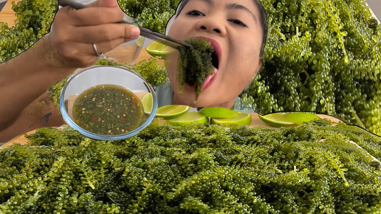 ASMR RAW SEA GRAPES EATING PLATTER + SUPER SPICY SAUCE MUKBANG