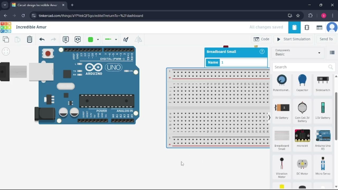 The first project using Arduino Uno, LED, breadboard and resistor on Tinkercad.