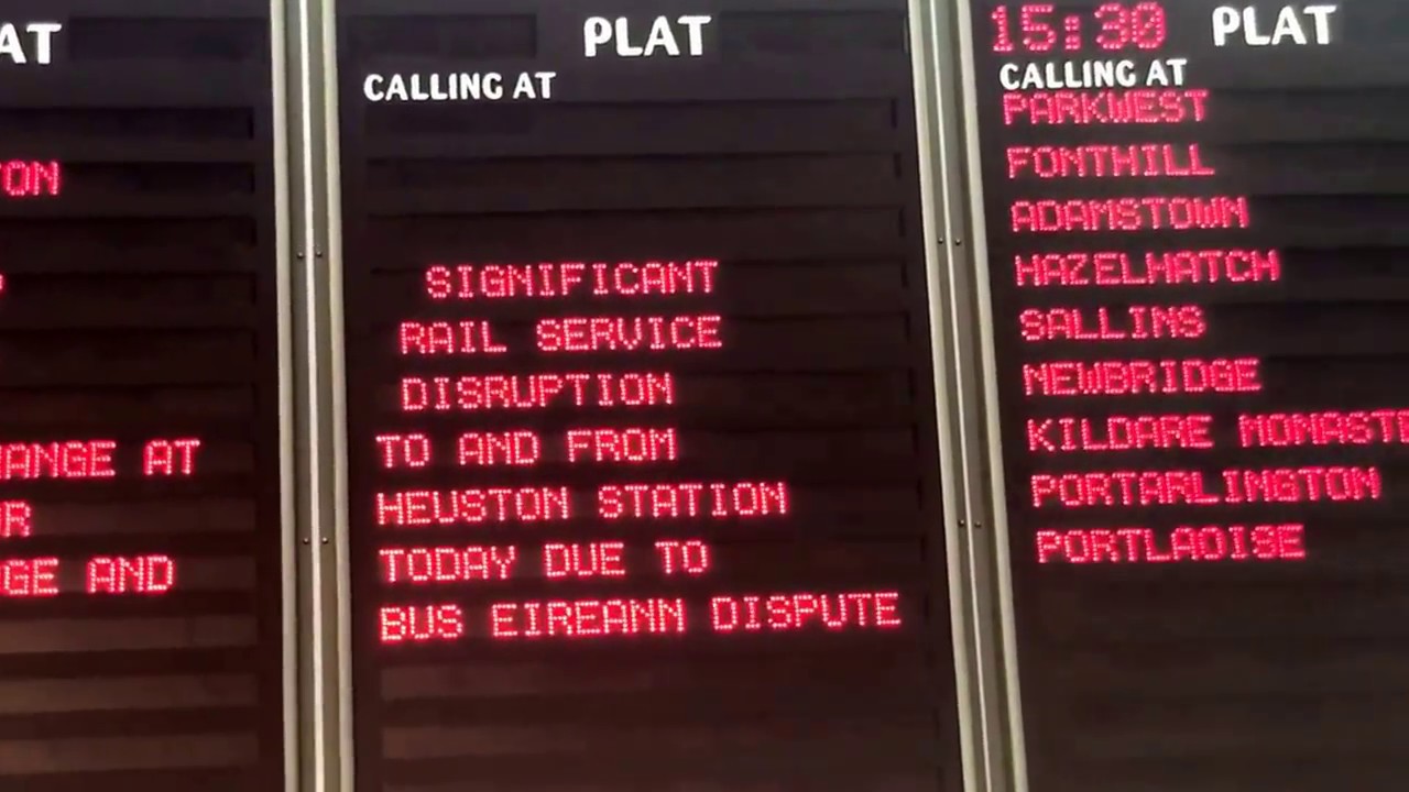 Heuston Station Departure Board showing Rail Disruptions due to Bus Dispute (25/3/17)
