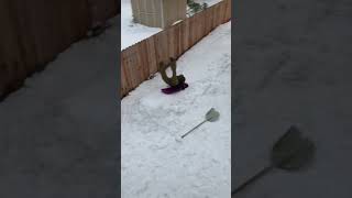 Guy sleds down ramp and lands in scorpion position