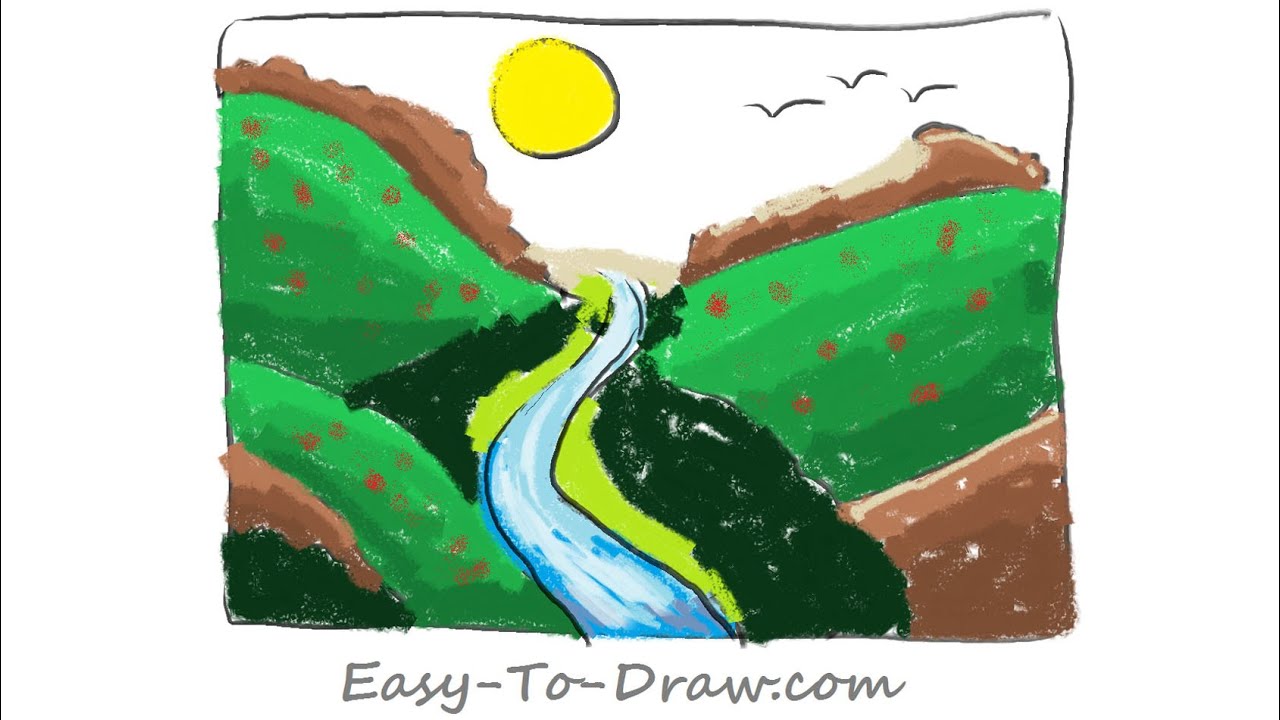 How to draw a plentiful cartoon river valley - Free & Easy Tutorial for