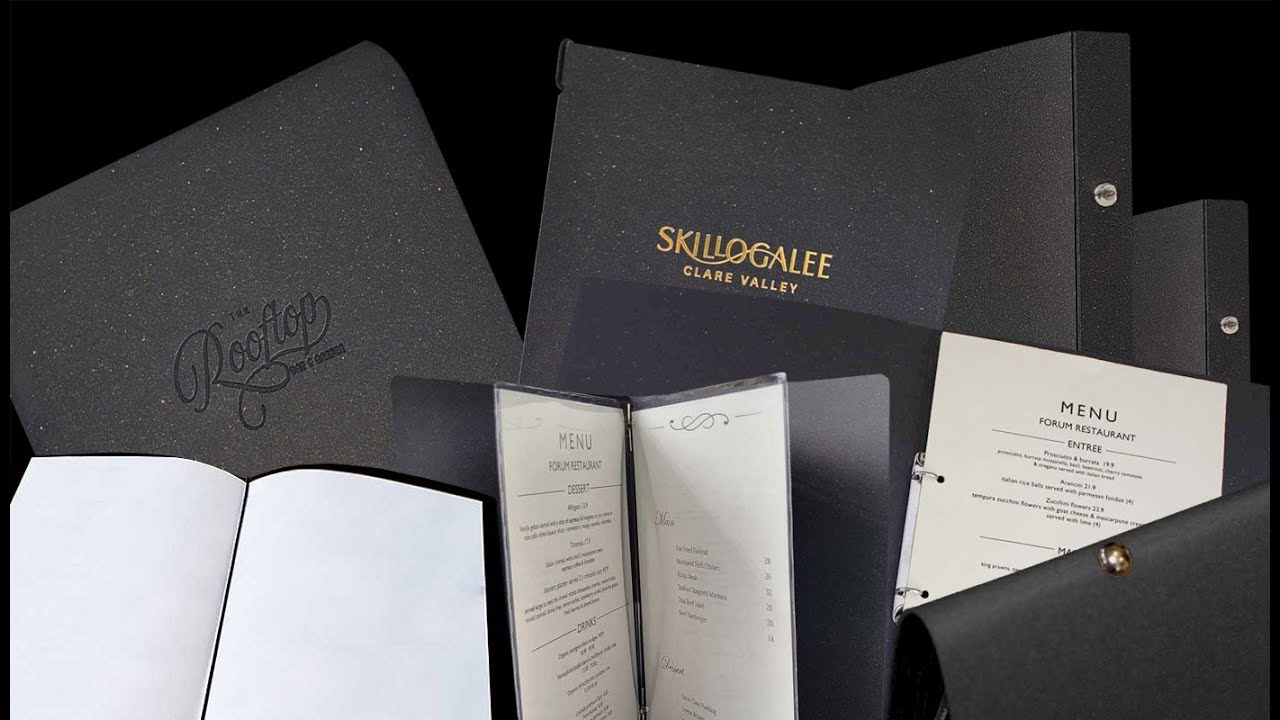 Black Leather Menu Covers from FCM.  Charcoal leather with a "Salt & Pepper" finish