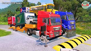 Double Flatbed Trailer Truck vs speed bumps|Busses vs spe...