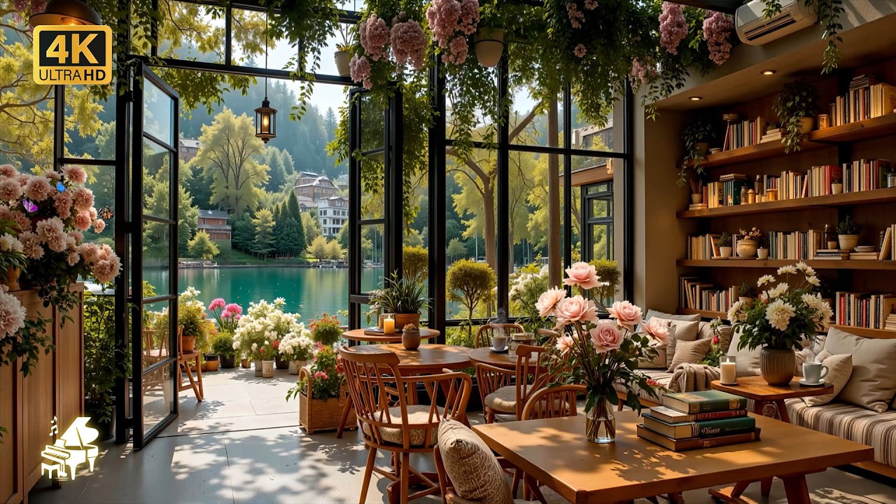 Cozy Spring Jazz with Blooming Lakeside Bookshelves | Golden Hour Reading & Slow Living Serenity