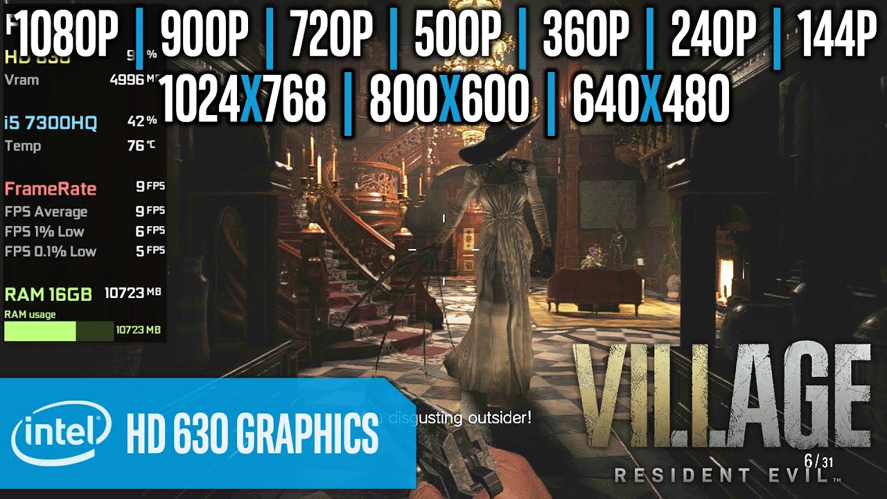 Intel HD 630 | Resident Evil 8 Village - 1080p, 900p, 720p, 500p, 360p, 240p, 144p
