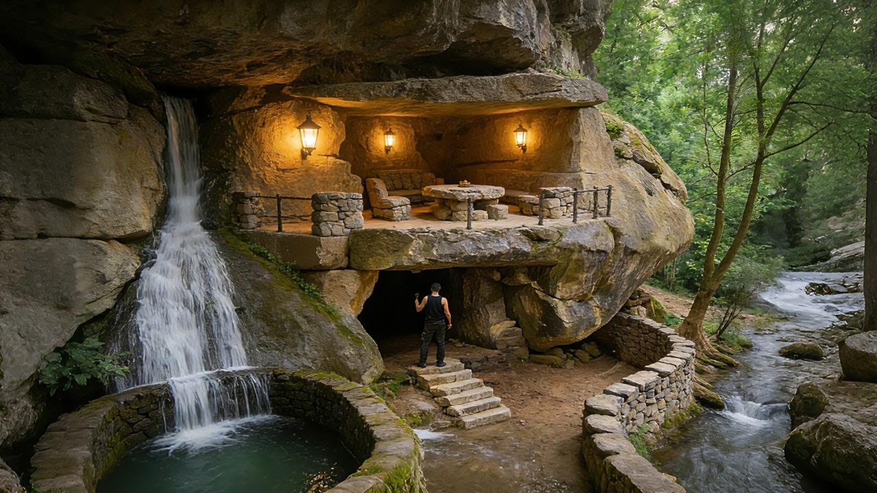 I Built a Secret Shelter Under a Giant Rock to Survive in the Wilderness