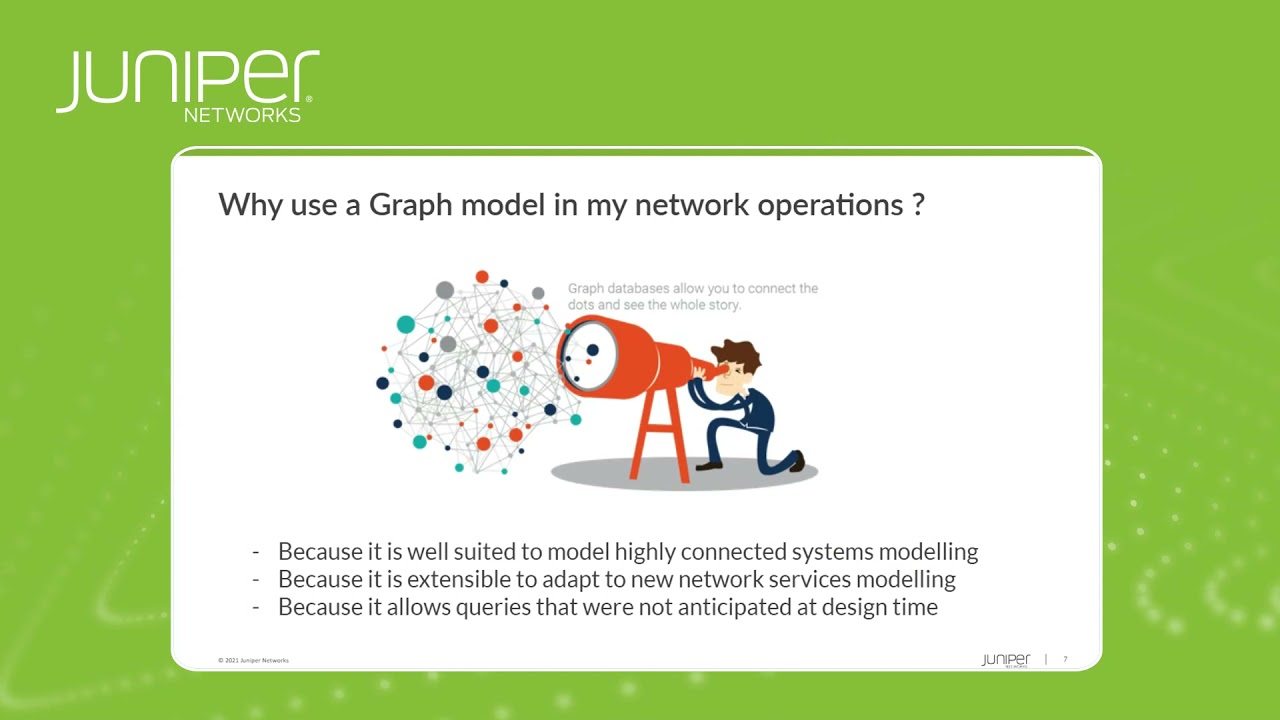Slide with an image of a cartoon many peering into a large telescope. The image shows him seeing circles interconnected by lines. The slide’s headline reads, “Why use a Graph model in my network operations?” Bullets say, “* Because it is well suited to model highly connected systems modelling; * Because it is extensible to adapt to new network services modelling; * Because it allows queries that were not anticipated at design time.” 