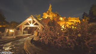 Splash mountain ride at disneyland park in low light pov, front seat.
takes you into the world of br'er rabbit as adventure...