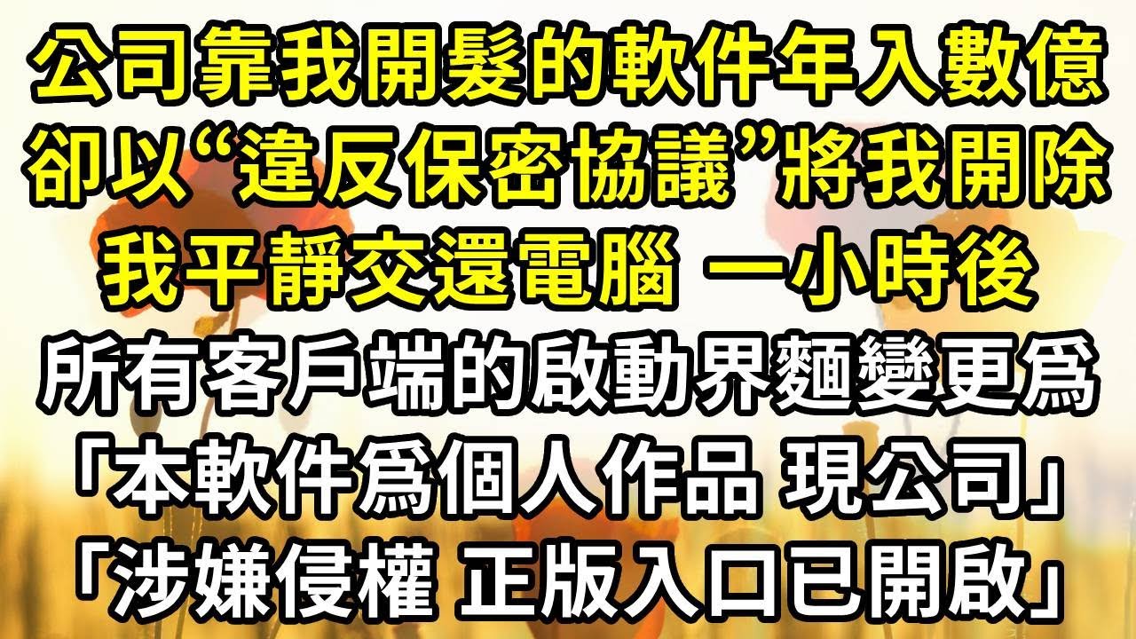 公司靠我開髮的軟件年入數億，卻以“違反保密協議”將我開除，我平靜交還電腦。一小時後，所有客戶端的啟動界麵變更爲：｢本軟件爲個人作品，現公司涉嫌侵權。正版入口已開啟｣#高田小說社