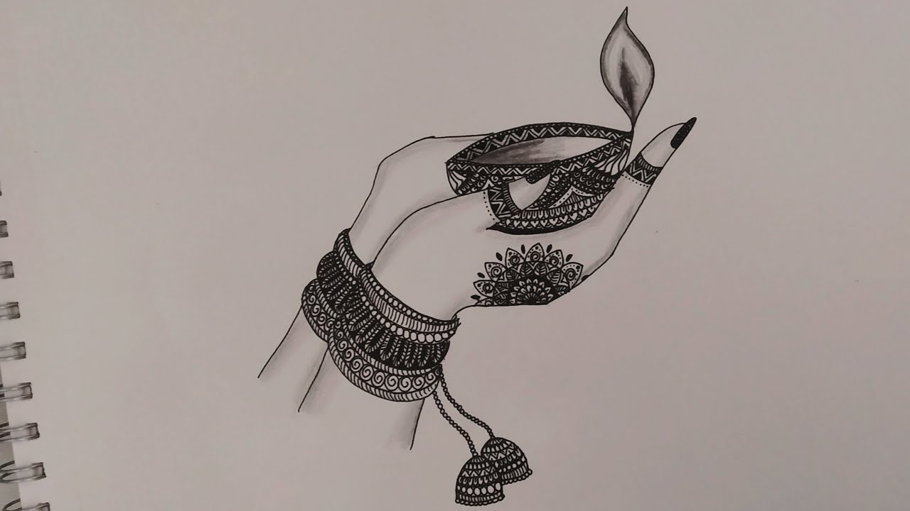 How to draw Mandala art of Hands with Diya | Diwali Lamp | Zentangle art | Doodle art | Easy drawing