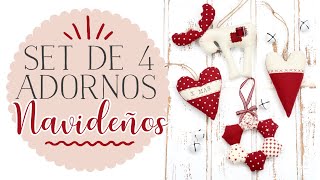 Conjunto de 4 Ornamentos / Adornos Navideños - Reno, Hexágonos y Corazones