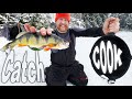 Catch And Cook Perch Day 2 of 5 "On The Ice" Winter Survival Camping In Vermont With Apbassing & W..