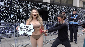Semi-naked woman ‘skinned alive’ in protest against leather at London Fashion Week.
