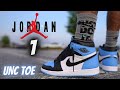 JORDAN 1 UNC TOE DETAILED REVIEW & ON FEET W/ LACE SWAPS!! SIZING TIPS & STYLING IDEA!!