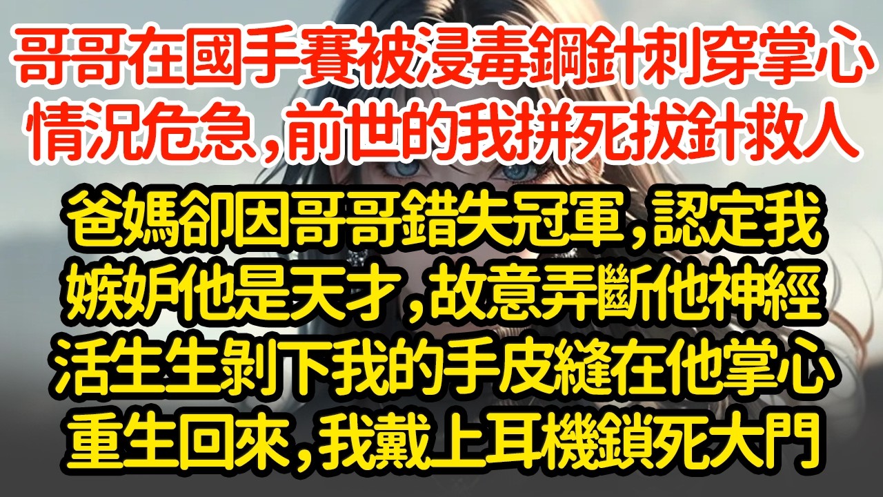 哥哥在國手賽被浸毒鋼針刺穿掌心，情況危急，前世的我拼死拔針救人爸媽卻因哥哥錯失冠軍，認定我嫉妒他是天才，故意弄斷他神經活生生剝下我的手皮縫在他掌心重生回來，我戴上耳機鎖死大門