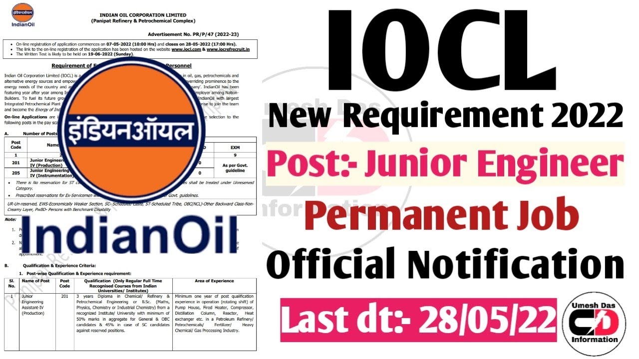 INDIAN OIL(IOCL)NEW REQUIREMENT JUNIOR ENGINEER PERMANENT JOB || IOCL ||