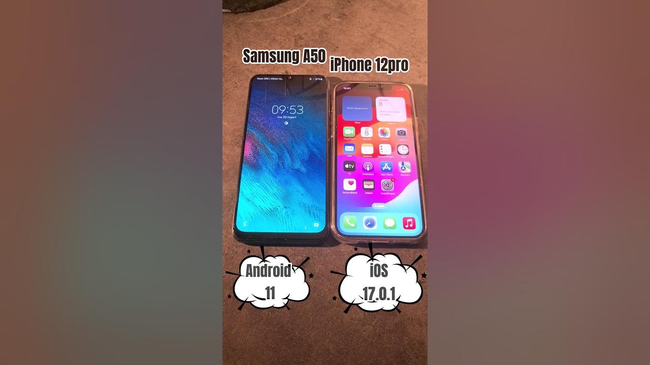 Boot up samsung galaxy a50 vs iphone 12 pro ios17 android11 a50