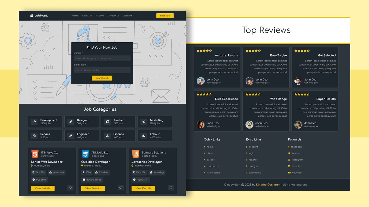 Job Portal Website Design - Dark Theme Version Using HTML/CSS/JS - YouTube image.