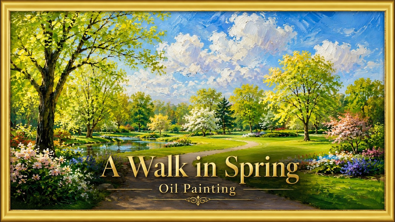 A Spring Park Pathway | 春の公園の散歩道 | Elegant Gold Frame Oil