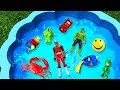 Learn Colors with Toys For Children - Blue Pool For Kids - Toys Barbie, Superheroes and Wild Animals