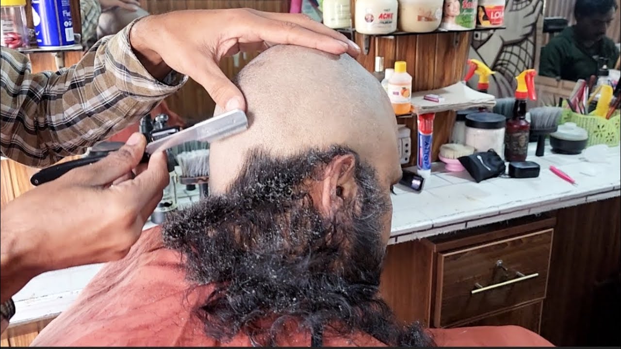Relaxing Straight Razor bald head shave 🤪 Dandruff Removal Headshave ...