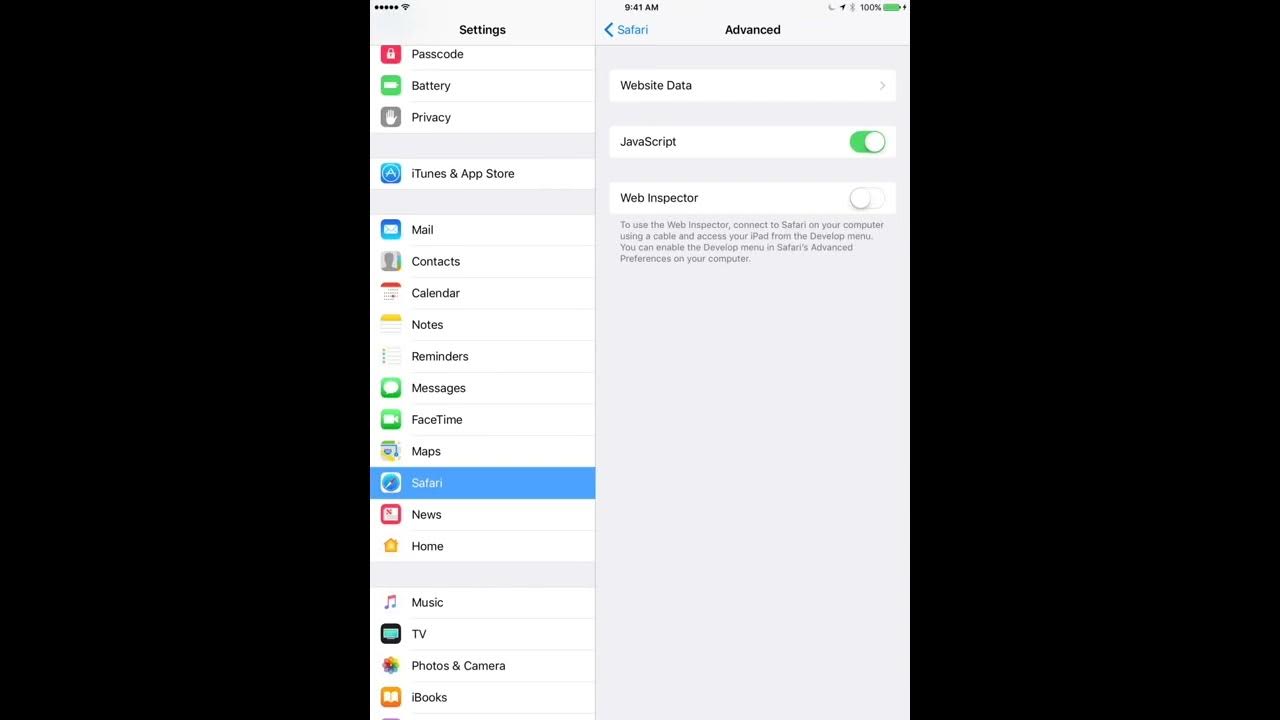 How to disable enable javascript on ipad youtube