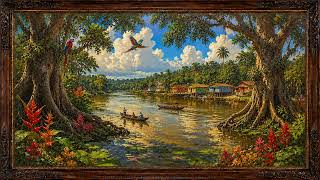 6 HOURS Silent 4K Screensaver | Peaceful Sunlit Amazon Rainforest River Oil Painting