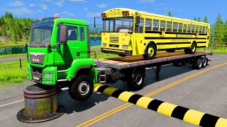 Double Flatbed Trailer Truck vs Speedbumps | Train vs Cars | Tractor vs Train | BeamNG.Drive