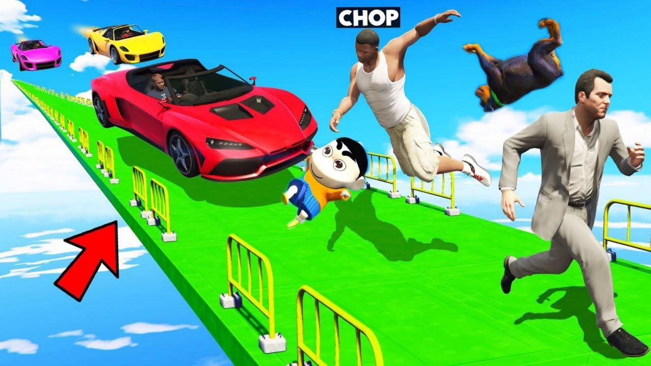 FRANKLIN TRIED IMPOSSIBLE DOWNWARD STAIR JUMP MEGARAMP PARKOUR CHALLENGE GTA5 | SHINCHAN and CHOP
