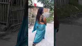 Blue Saree Silky Satin Aunty Bhabhi