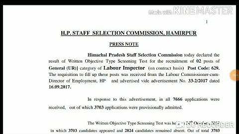 HPSSC Labour Inspector ( 629 ) Written Test Result Declared Today | Held on - 24 Oct 2018 |
