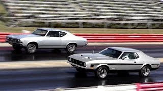 Chevelle SS396 vs Mustang 429 SCJ - 1/4 Mile Drag Race Video - Road Test TV ®