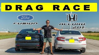 Honda Accord 2.0T vs Ford Fusion Sport 2.7T, someone disappears from the camera view. Drag Race
