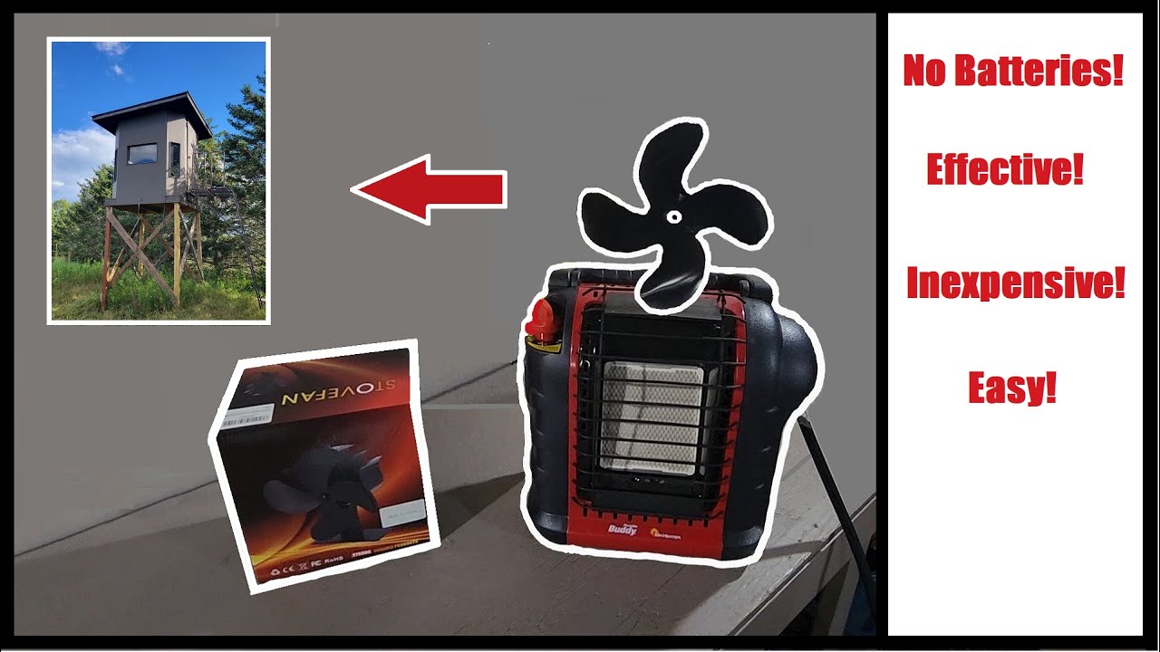 Mount a cheap Amazon Fan on "Buddy Heater" for Deer Blind, Ice Shanty, OffGrid Cabin, Tent