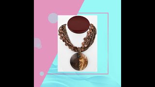 Silver Plate Multi-Strand Wood &amp; Glass Bead Necklace w/ Wood Pendant 18-22&quot;