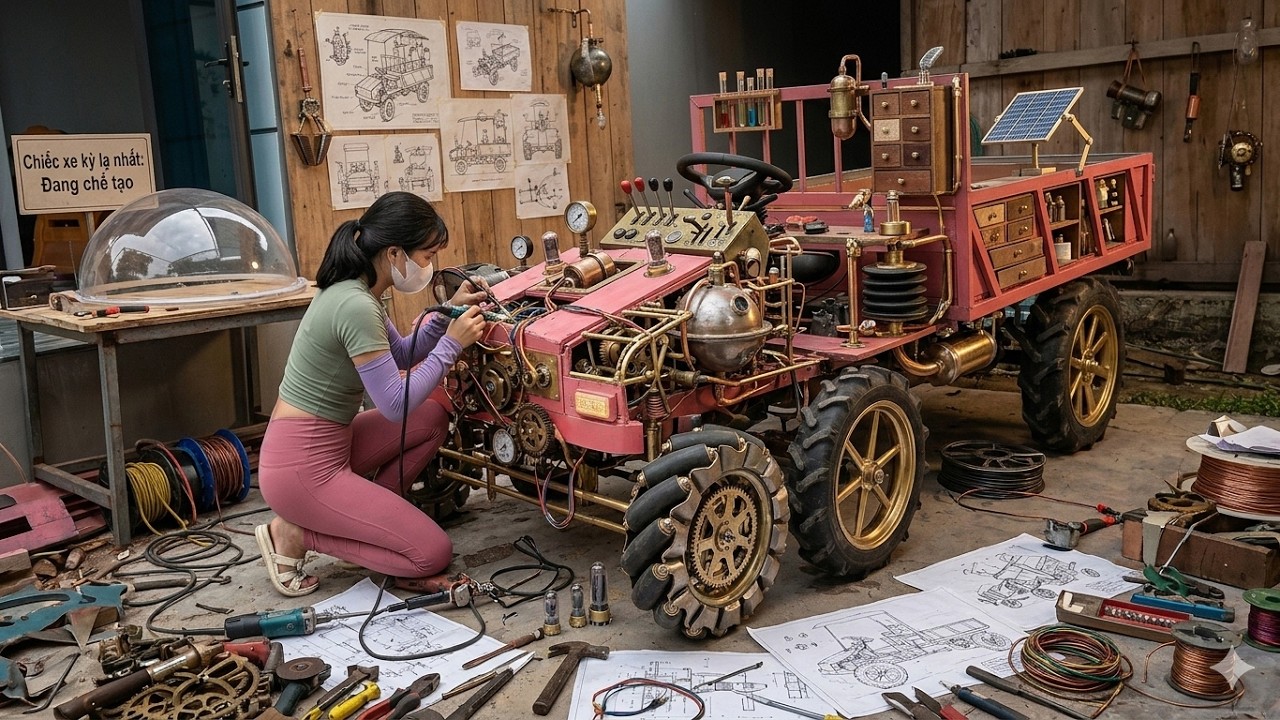 Great idea: The little girl built a four-wheeled vehicle herself to transport agricultural products