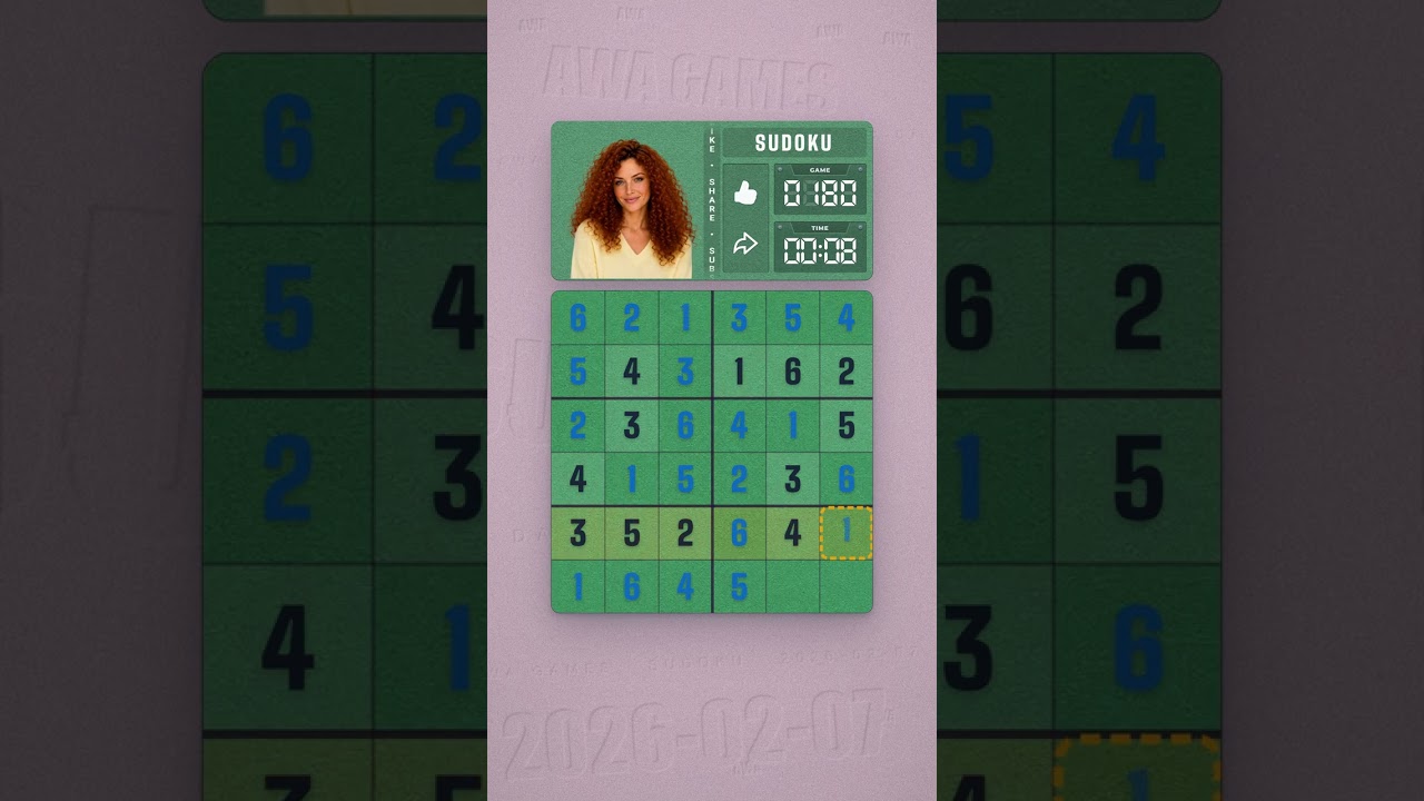 LinkedIn Mini Sudoku #180 solved board for February 7, 2026, 6x6 grid