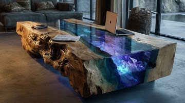 A man is making a unique table from epoxy resin and wood.