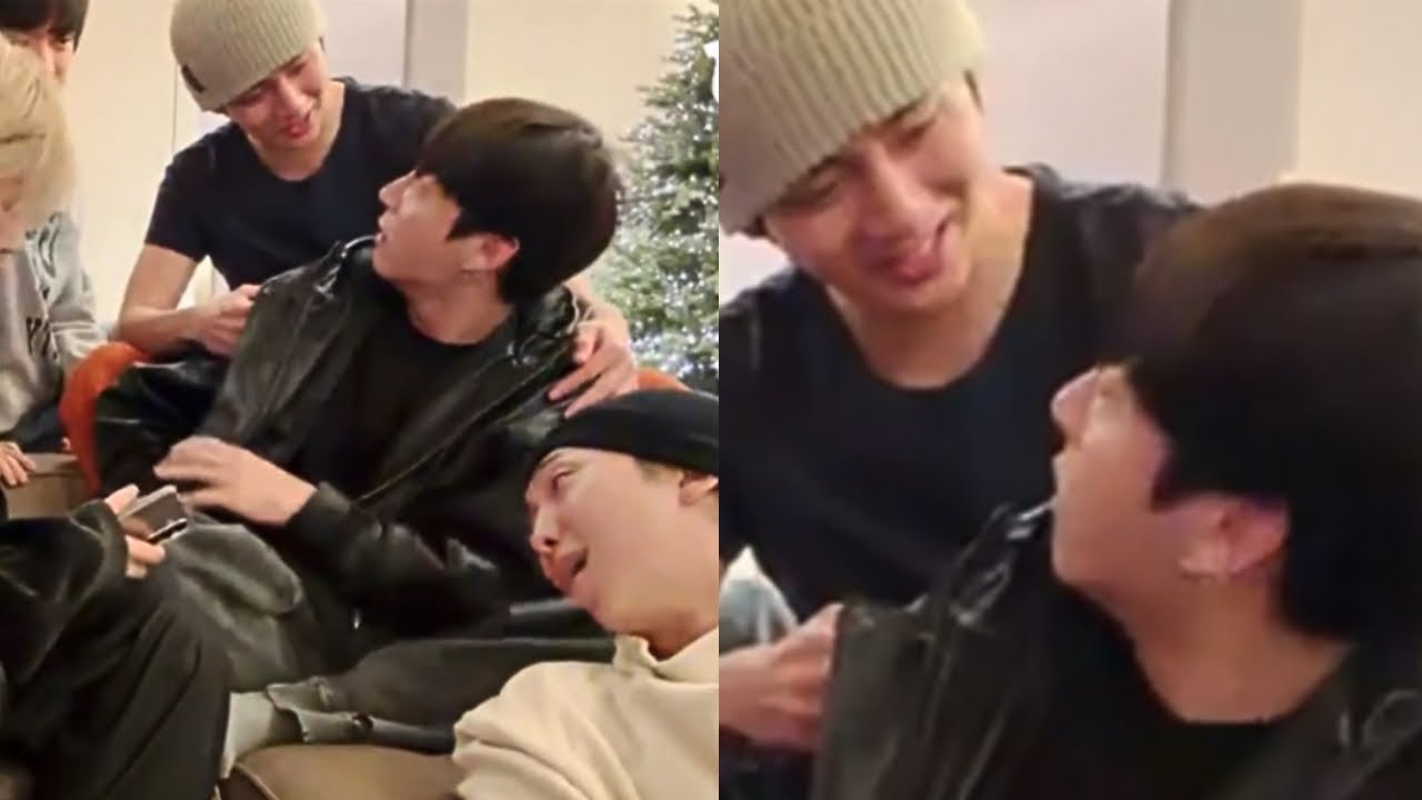 Тэхён смеётся над Чонгуком и держит его между ног.