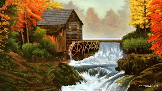 Autumn Landscape Painting: Rustic Grist Mill in Tranquil Surroundings