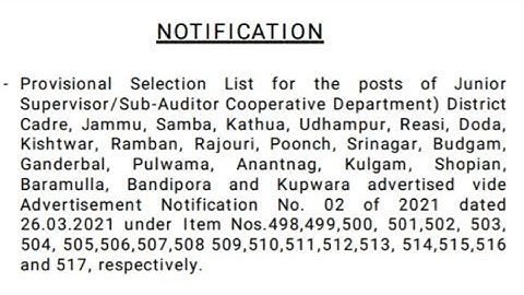 JKSSB update l Junior Supervisor/Sub-Auditor Provisional Selection List Out