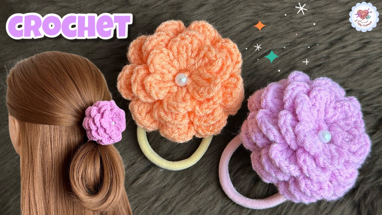 Great‼️Crochet  Zinnia Flower Hair Ties/ Crochet Flowers ดอกบานชื่นโคริชต์