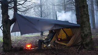 Hot Tent \u0026 Tarp Set Up Camping in Heavy Rain