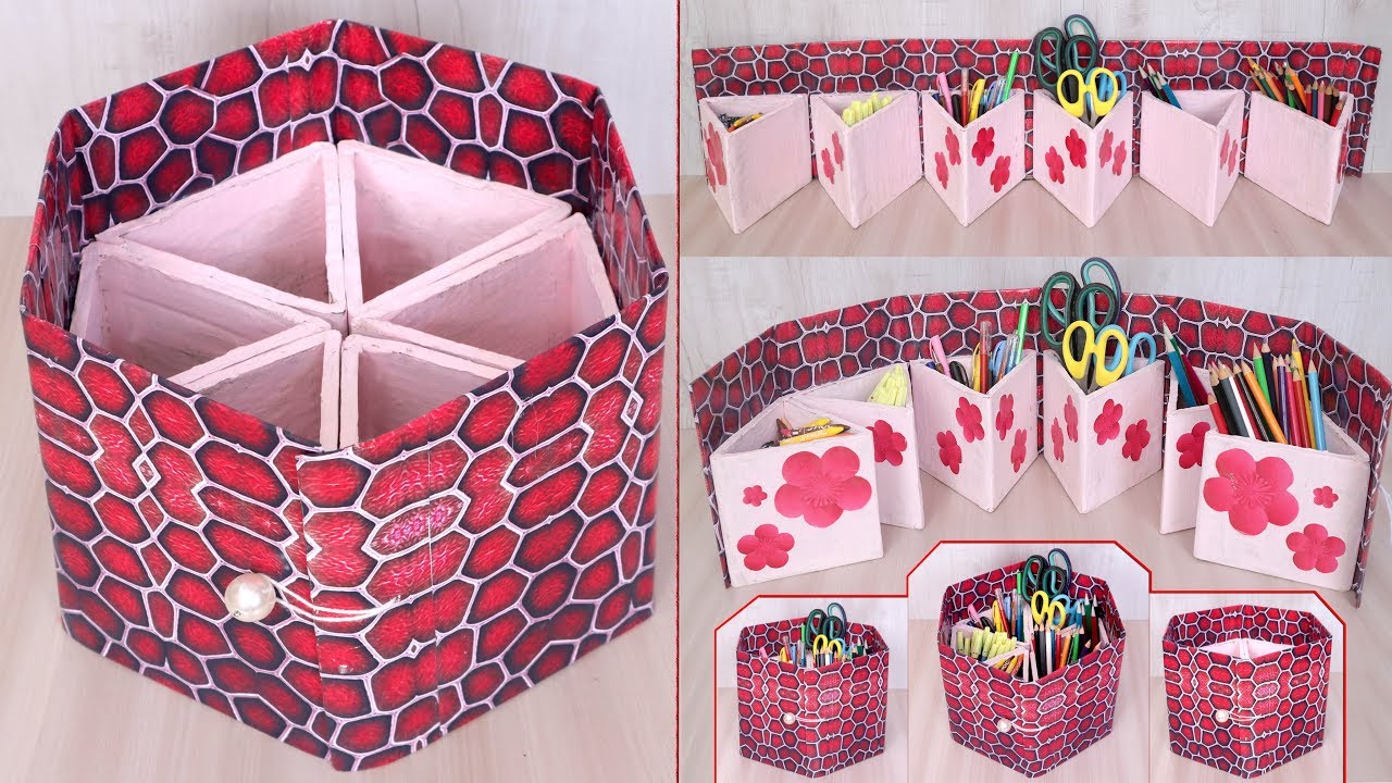 DIY Decorative Desk Organizer Craft Idea || Cardboard Craft || Handmade ...