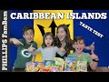 CARIBBEAN FOOD TASTE TEST | AMERICANS TRY BARBADOS SNACKS & FOOD | PHILLIPS FamBam Taste Tests